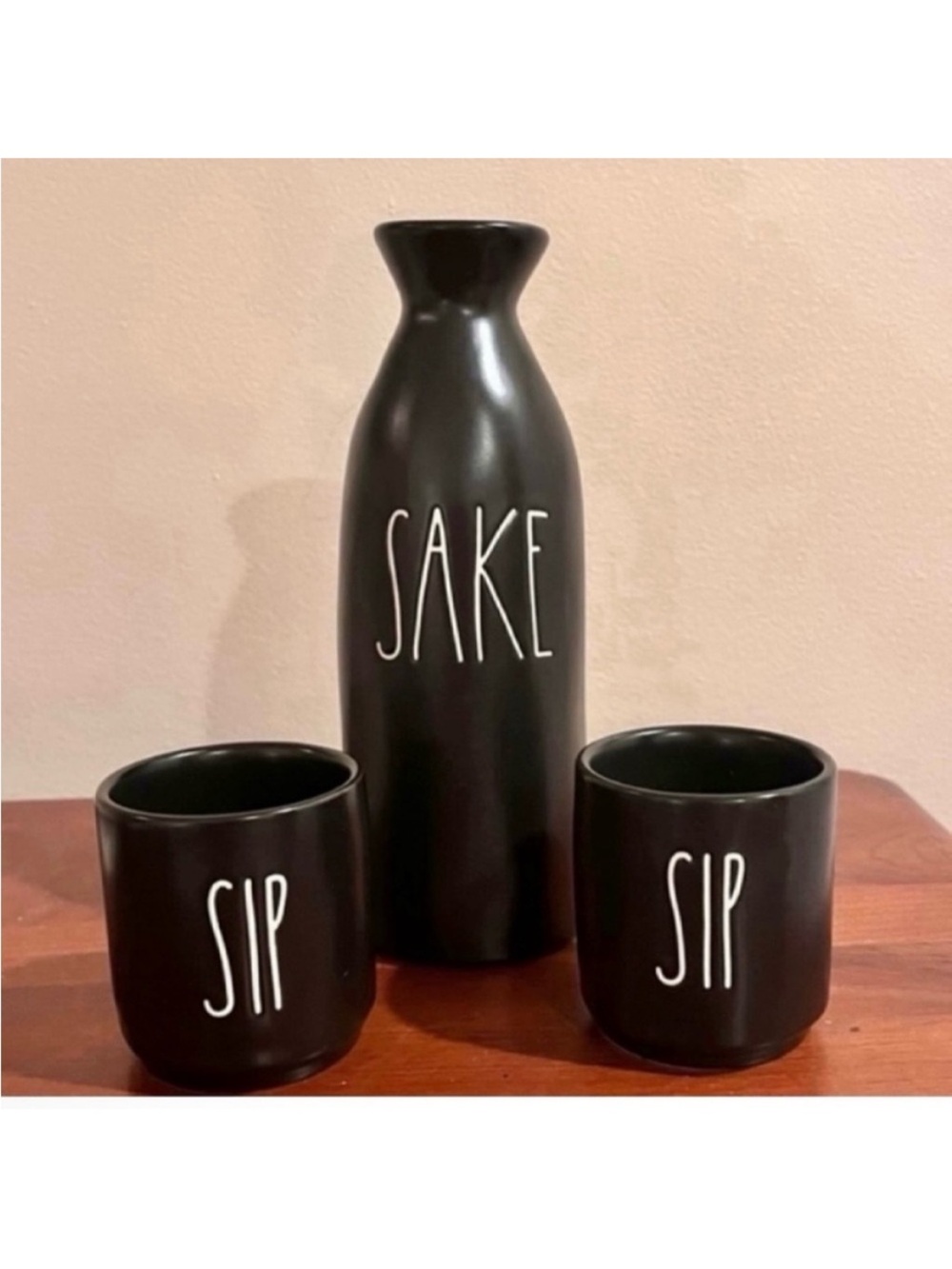 NWOT- Rae Dunn 3pc Sake Set-Black Pitcher- 2 Sip Cups Ceramic Drinkware